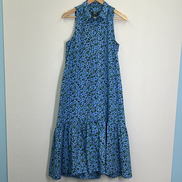 Anthropologie - Maeve Paola Flounced Cheetah Blue Print Sleeveless Midi Dress SM - Picture 8 of 14